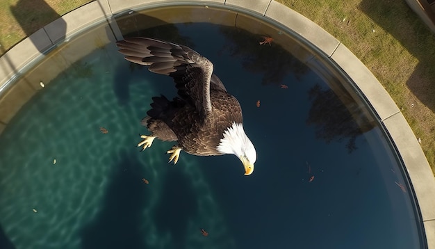 Foto un águila calva está volando sobre un charco de agua y el agua es azul.