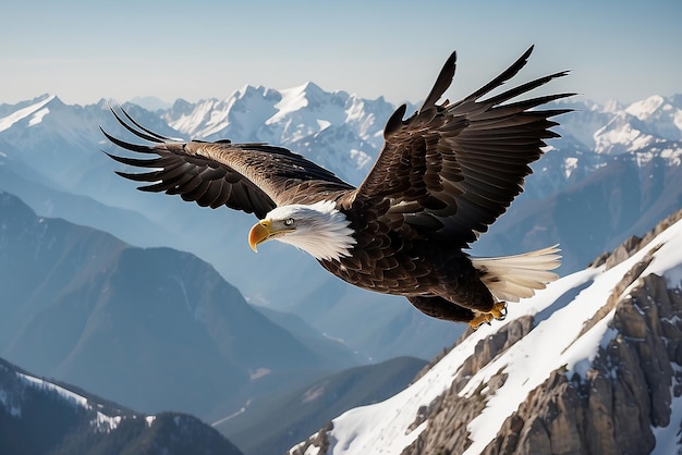 Un águila calva volando sobre una cordillera