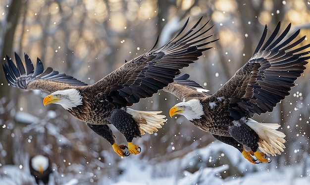 Foto un águila calva está volando sobre un cuerpo de agua con otras aves en el fondo