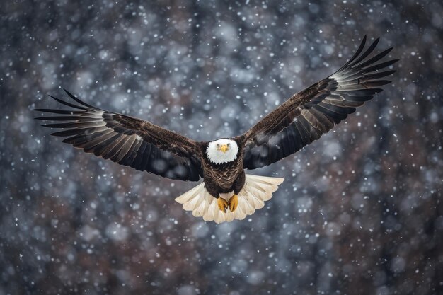 Foto Águila calva volando a través de una tormenta de nieve mostrando resiliencia creada con inteligencia artificial generativa