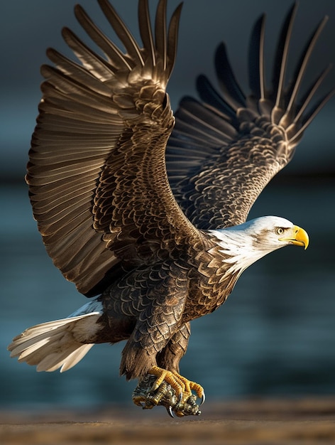 Un águila calva vuela con las alas extendidas.