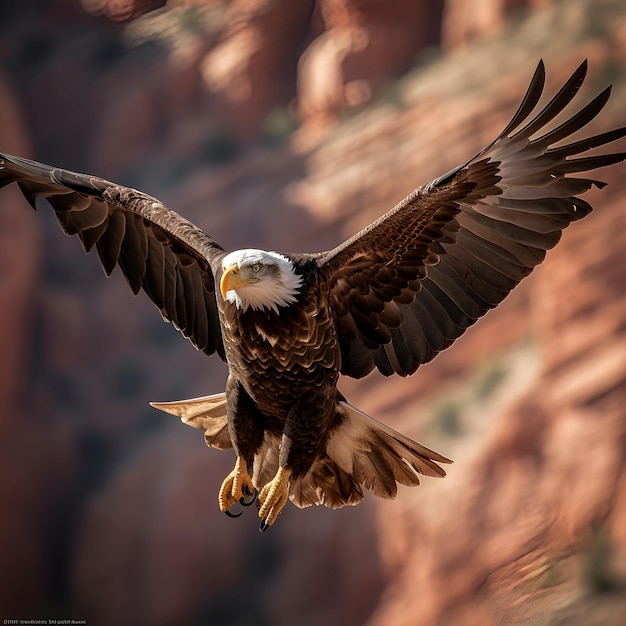 Un águila calva vuela frente a un fondo de roca roja.