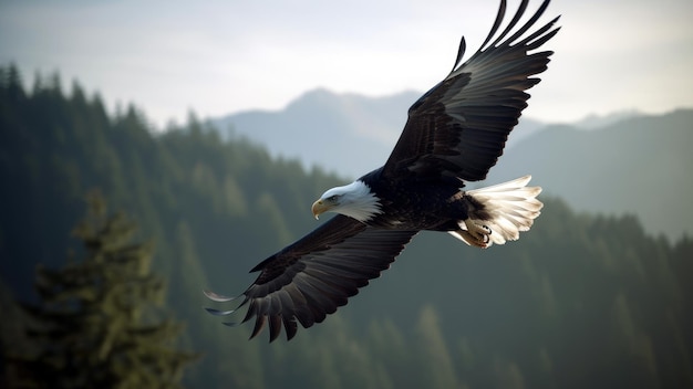 Un águila calva vuela frente a un paisaje montañoso.