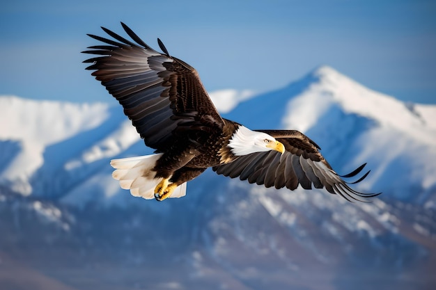 Un águila calva vuela sobre una cadena montañosa.