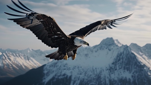 Un águila calva vuela sobre una cadena montañosa.