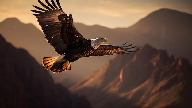 Un águila calva vuela sobre una cadena montañosa.