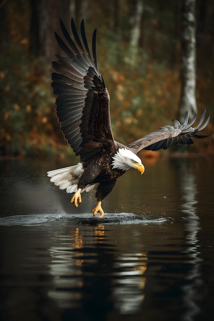 Un águila calva vuela sobre un lago con el sol brillando en sus alas.