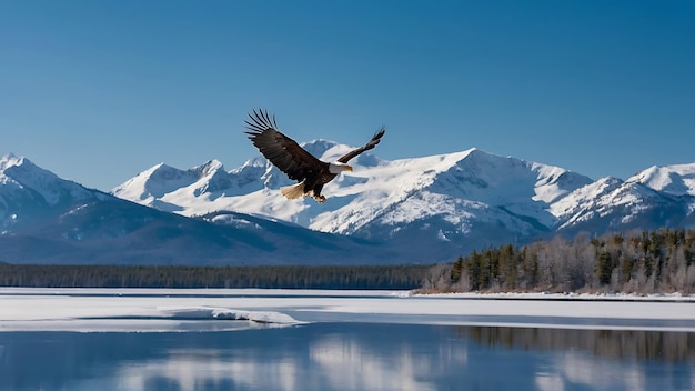 Foto Águila calva en vuelo sobre un lago congelado con nieve y cielo azul fotografía de invierno