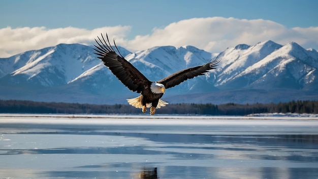 Foto Águila calva en vuelo sobre un lago congelado con nieve y cielo azul fotografía de invierno