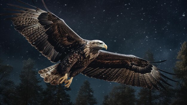 Águila de cola blanca volando sobre un fondo de cielo nocturno