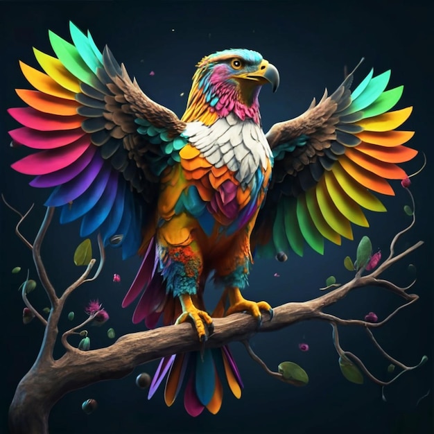 Foto un águila de colores posado en una rama de un árbol