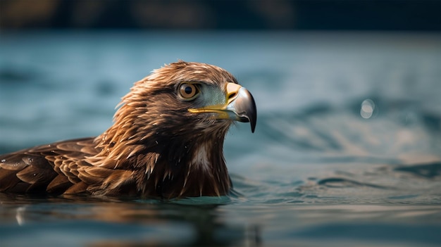 Un águila dorada nada en el agua.