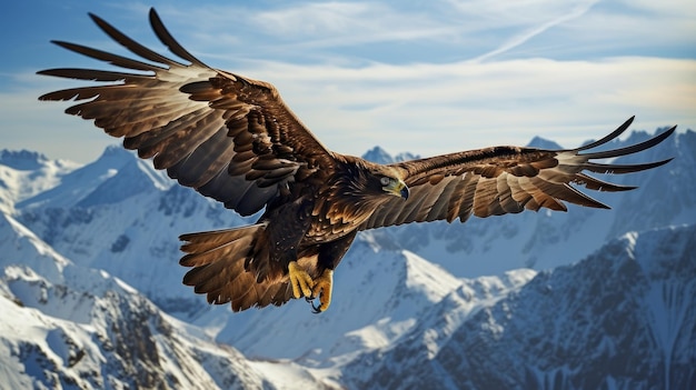 Un águila dorada que se eleva por encima de las cimas nevadas de las montañas