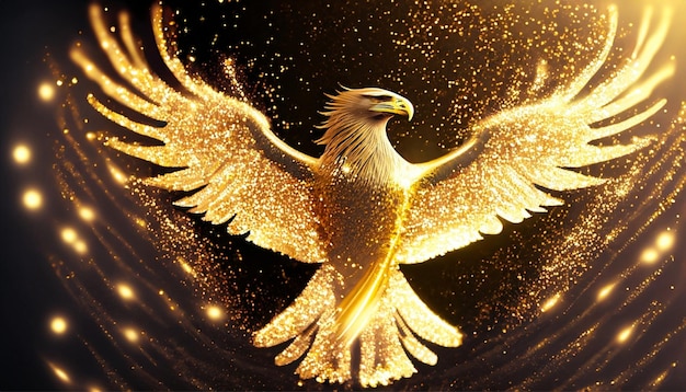 Foto un águila dorada volando en el fondo brillante y brillante