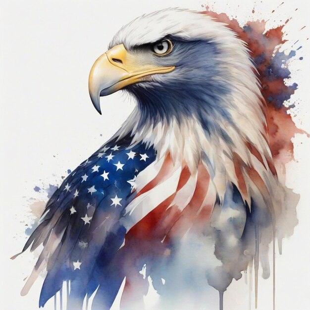 Foto Águila estadounidense en el fondo de la bandera estadounidense ilustración en acuarela