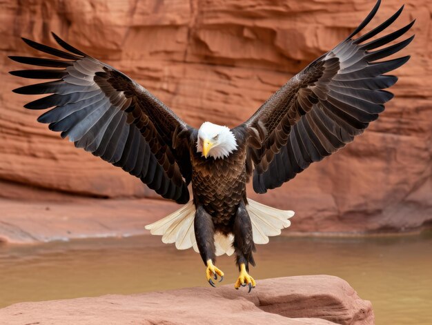 El águila extendiendo sus alas sobre un desfiladero rocoso