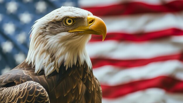 Foto un águila frente a una bandera de los estados unidos