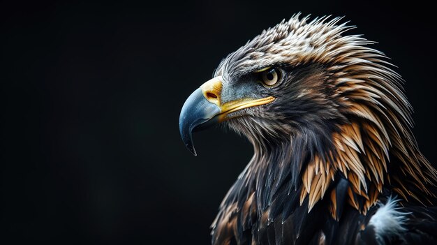 Foto Águila gran pájaro de presa en un fondo negro arte fantasía inusual depredador brillante