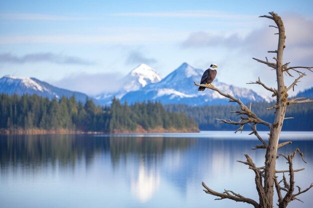 Foto Águila en el lago de la montaña de la rama de abeto en la distancia