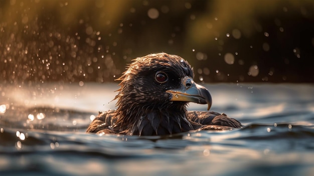 Un águila negra nada en un lago con gotitas de agua en la cara.