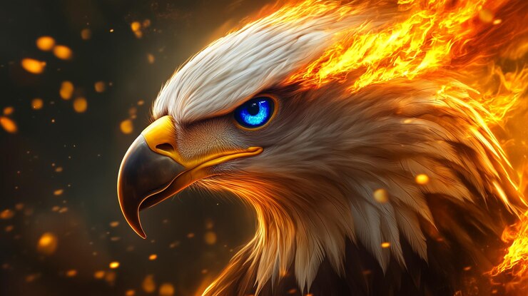 Un águila con ojos azules y un pico ardiente realista en el estilo de un dibujo animado adecuado para un móvil
