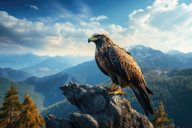 Un águila de pie en la cima de una colina con vistas a una magnífica cordillera