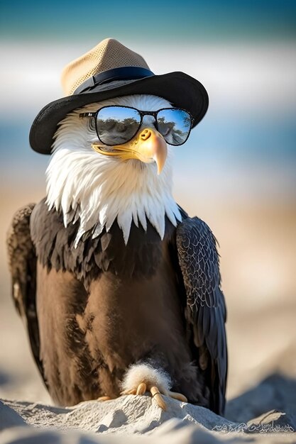 Un águila en la playa con gafas