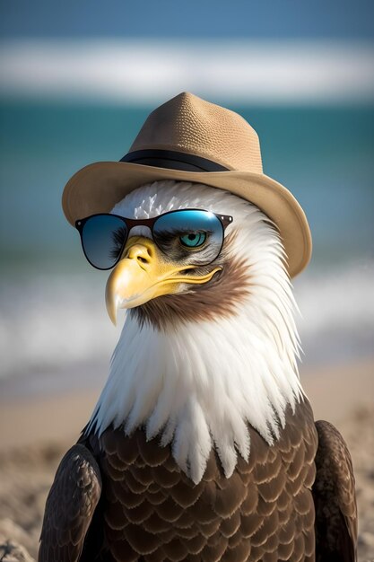 Un águila en la playa con gafas