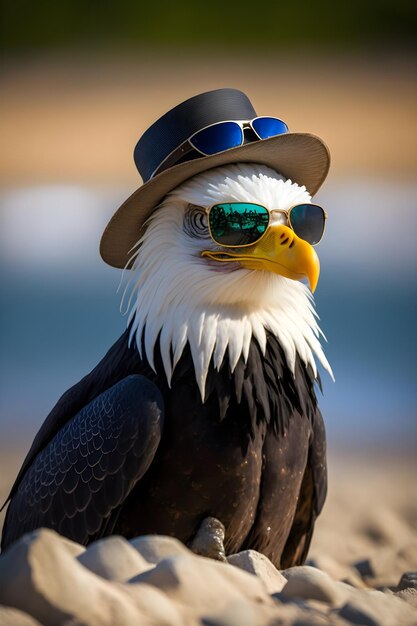 Un águila en la playa con gafas