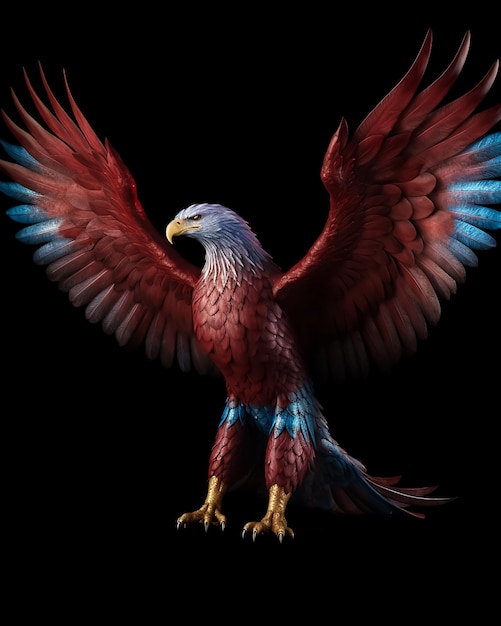 Un águila roja y azul con alas azules extendidas