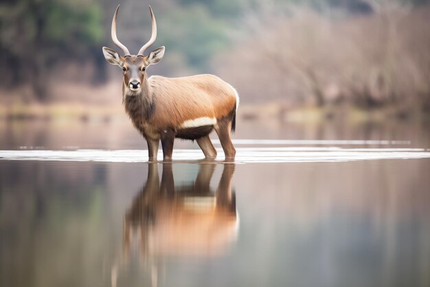 Foto el águila solitaria reflejada en el agua tranquila