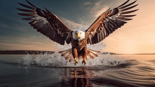 El águila volando sobre el agua vuelo majestuoso y poderosa caza depredador de la vida silvestre en Alaska libertad y orgullo en los cielos americanos belleza de la naturaleza protegiendo a su presa con ojos afilados y alas emplumadas