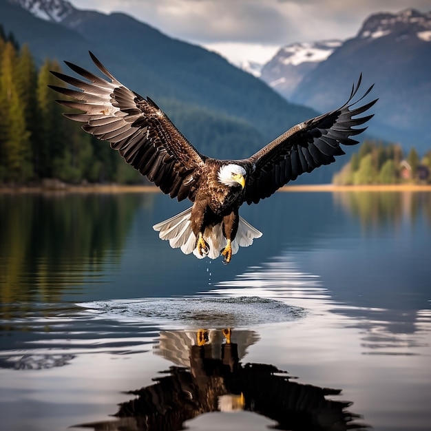 Foto el águila volando sobre el lago