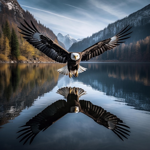 El águila volando sobre el lago