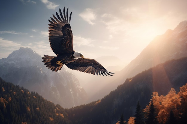 Un águila vuela sobre un paisaje montañoso con el sol brillando a través de las nubes.