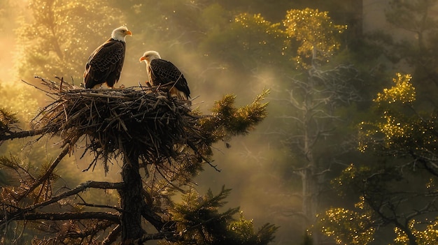 Águilas posadas en el nido en lo alto del pino en el bosque brumoso al amanecer Banner con espacio de copia generado por IA