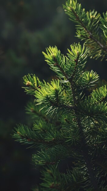 Foto agujas de pino verde brillante en un fondo oscuro.