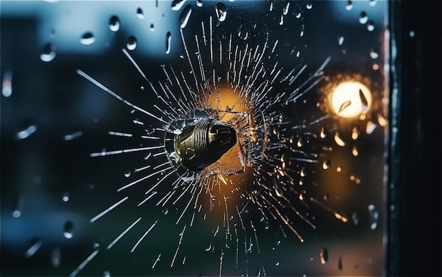 Un agujero de bala se rompe en un vaso con una farola en el fondo.