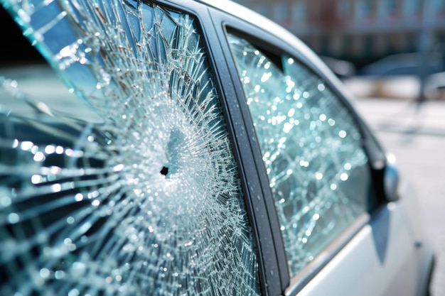 Foto agujero de bala en la ventana del coche escena del crimen o concepto de accidente