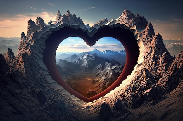 Foto un agujero en forma de corazón en una hermosa montaña ai generó un fondo de pantalla de amor romántico ai generativo