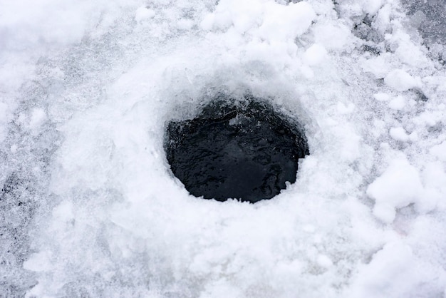 el agujero en el hielo para la pesca en hielo.