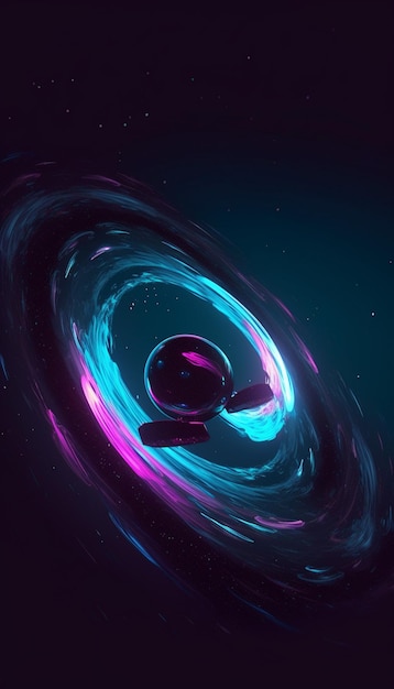 Un agujero negro en un agujero negro con luces moradas y azules.