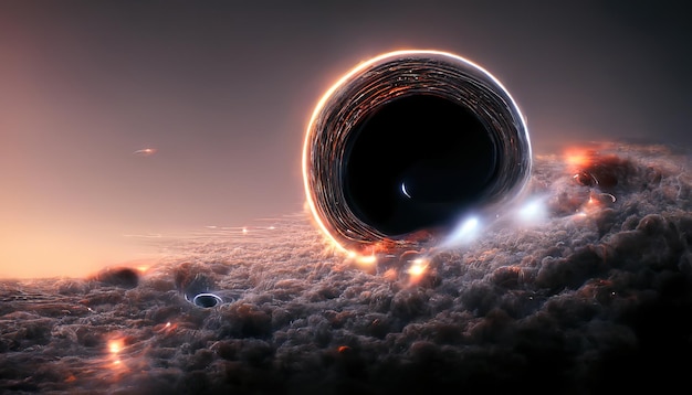 Agujero negro estrellas y campos de nubes en el espacio exterior nebulosa planetaria Nebulosa en la galaxia del espacio exterior Hermoso espacio neón resumen fondo 3D ilustración