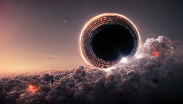 Agujero negro estrellas y campos de nubes en el espacio exterior nebulosa planetaria Nebulosa en la galaxia del espacio exterior Hermoso espacio neón resumen fondo 3D ilustración