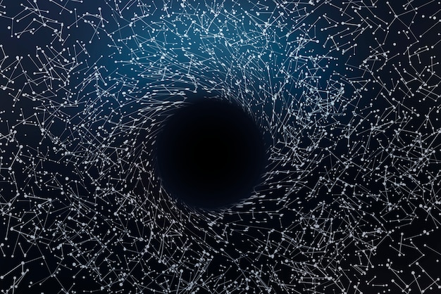 Agujero negro masivo en el centro de la imagen, puntos blancos conectados a su alrededor.