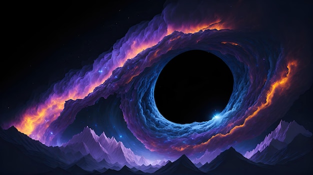 Agujero negro con nebulosa sobre nubes y estrellas coloridas