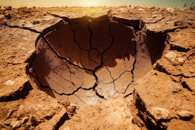 Foto agujero de tierra agrietado de cerca detalle de pérdida de arena de barro generar ai