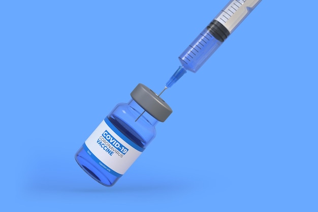 Agulha médica entrando em um frasco de vidro de vacina em fundo azul vacina para renderização 3D