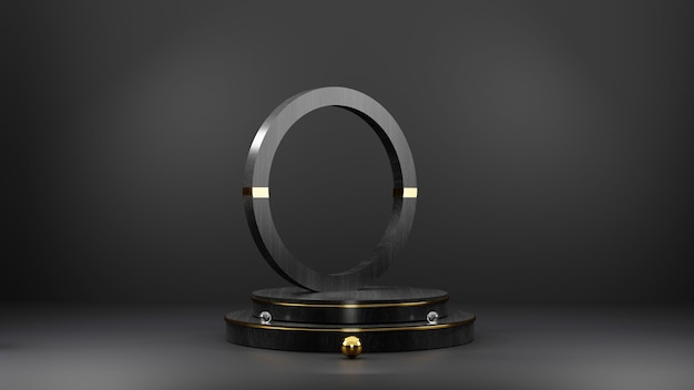 AH gold podium pedestal mínimo pantalla de producto fondo negro representación 3d