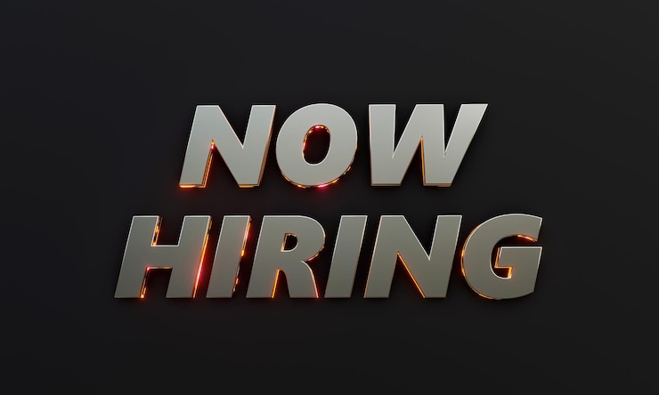 Foto ahora word hiring está escrito en fondo oscuro con efecto de texto cinematográfico y neón rendering 3d